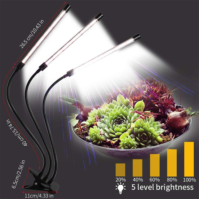 Plantengroeilicht, 5500K volledig spectrum clip LED-groeilamp voor kamerplanten Automatische timer en 5 dimbare niveaus (3 buizen)