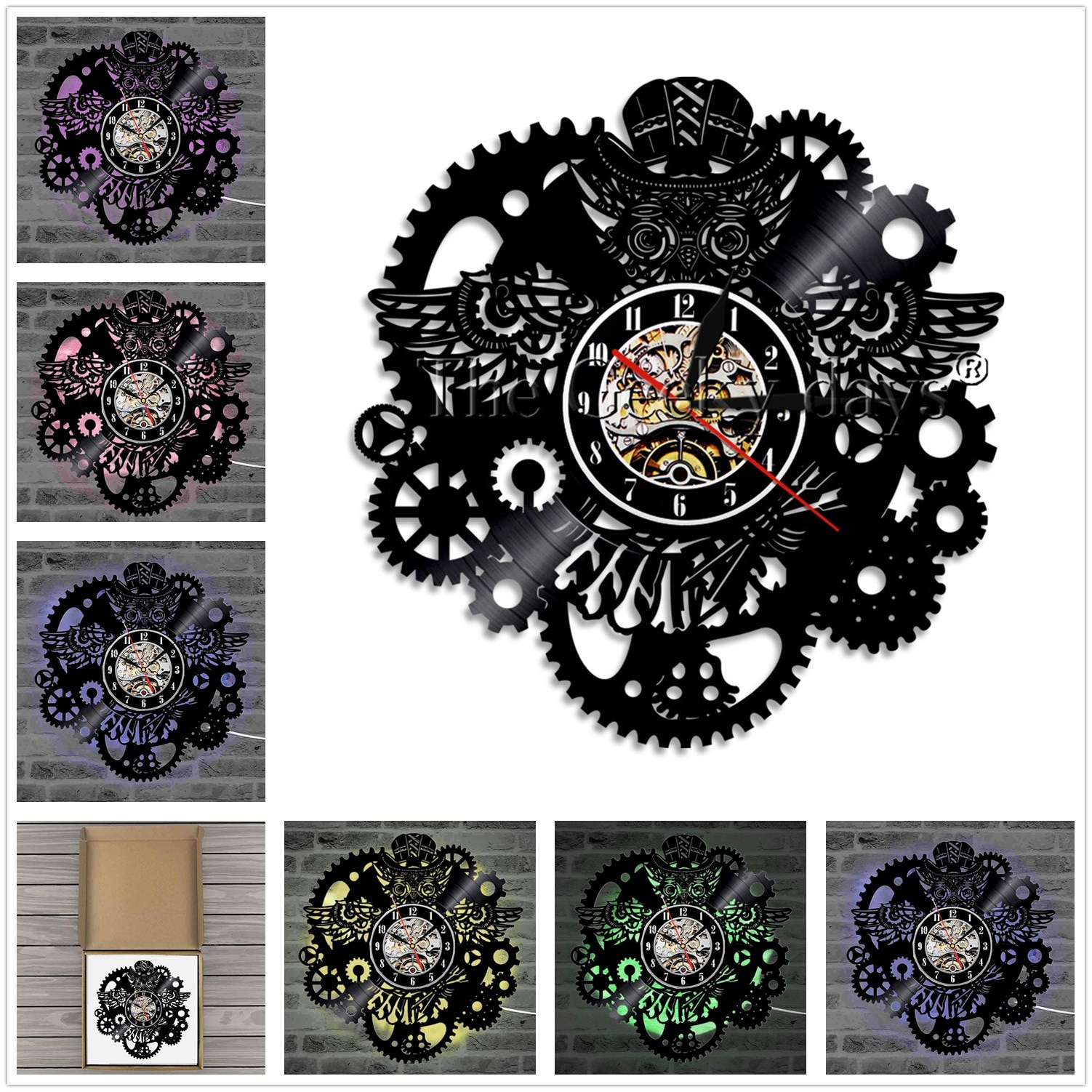 Owl Vinyl Record Wall Clock Gear Cogs Night Owl Steampunk LED Wall Clock Home Decor Cogwheels Animal Wall Watch Modern