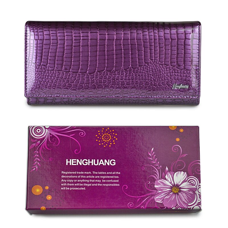 HH, billeteras de piel auténtica de cocodrilo para mujeres, monederos de embrague para damas, billetera larga femenina de lujo patentada con cierre: purple with box