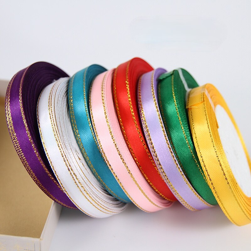 3/8" 10mm 25yards Gold Edges Satin Ribbon Wedding Happy Birthday Box Packaging Decorations DIY Craft Bow