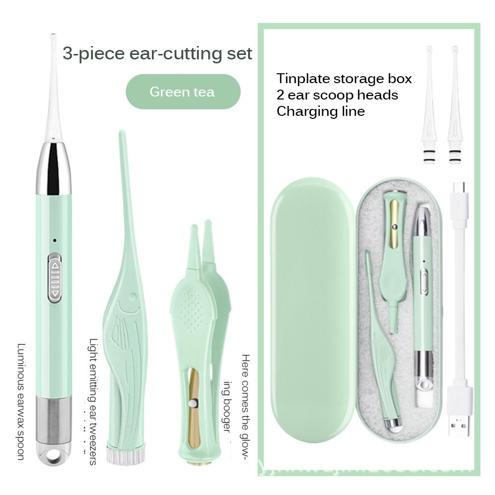 1 kit de cure-oreille lumineux Rechargeable, nettoyeur d'oreille de sécurité, soins du cérumen, dissolvant de cire, indolore, outil de nettoyage sans douleur: green