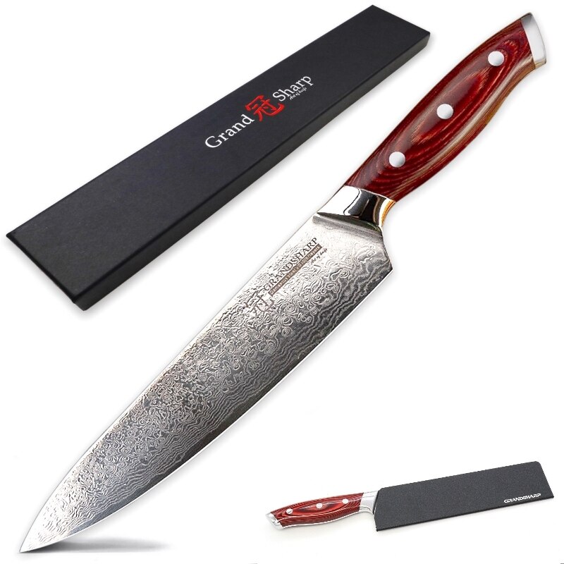3 Stuk Koksmes Set Japanse Keukenmessen Santoku Utility Koken Butcher Gereedschap 67 Lagen Damascus Staal Rood Hout handvat: Chef knife