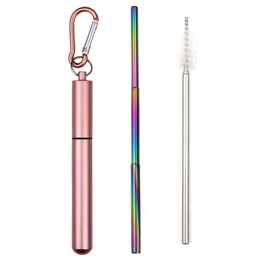 Reusable Stainless Steel Straws with Aluminium Keychain Case Cleaning Brush Collapsible Telescopic Portable Drinking Straws: Pink