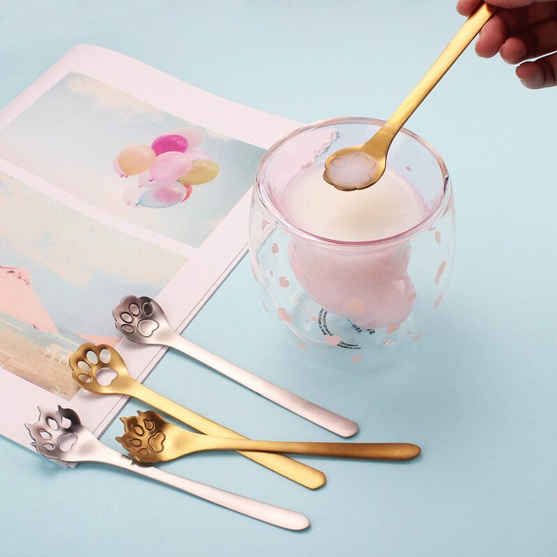 304 Stainless Steel Cat Dog Paw Claw Coffee Tea Milk Spoons Hollow Dessert Spoon Stirring Gold Spoon Cute Kitchen Tools