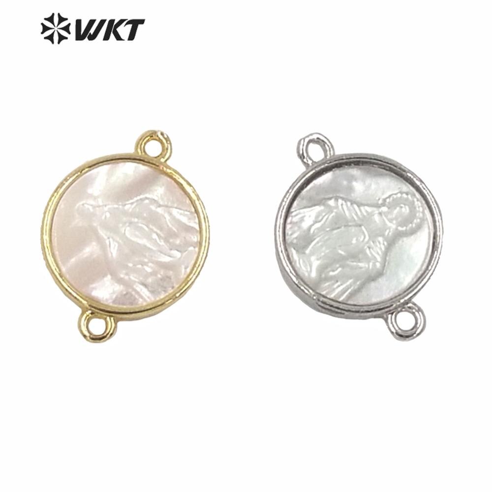 MP170 Religieuze Gold Metal Bezel Hanger Wit Shell Tiny Charm Jezus Connector Hanger Dubbele Haken Vrouwen Sieraden Shell: Mixed