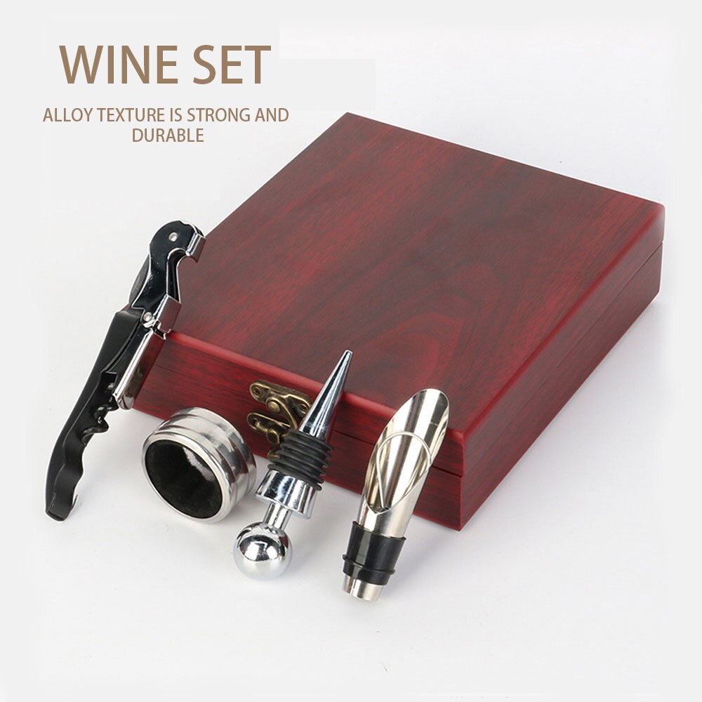 4PCS Wine Corkscrew Set With Wooden Box Opener Stopper Pour Spout Opener Set Drip Ring Wine Tools Wine Corkscrew Set