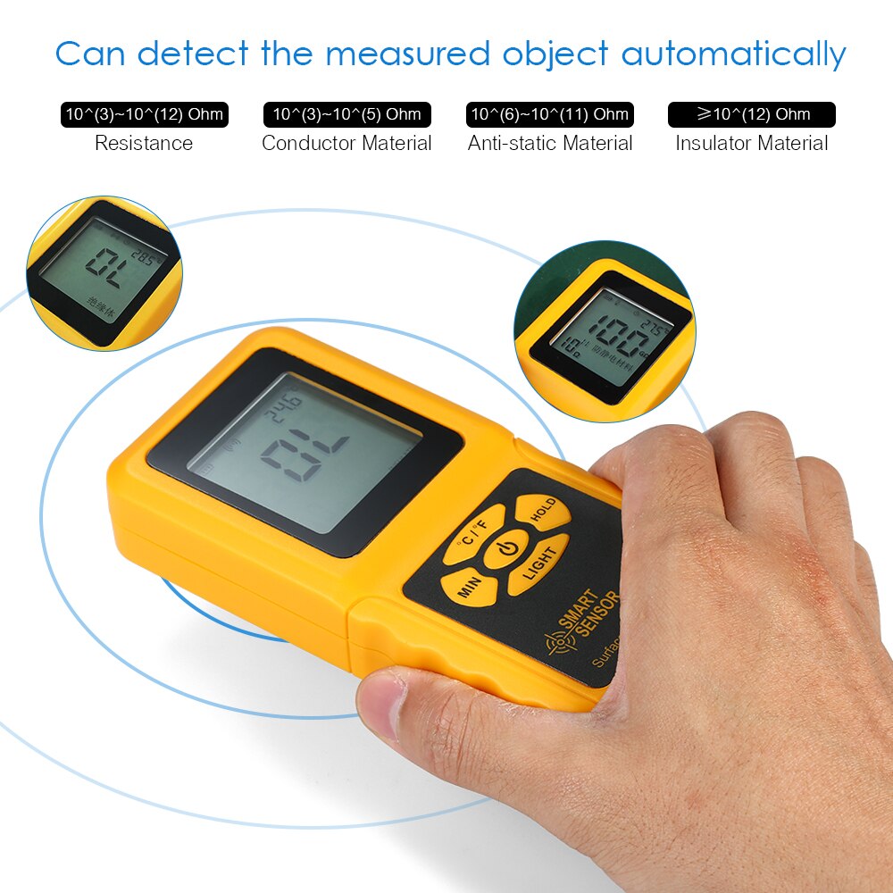 SMART SENSOR Handheld LCD Surface Resistance Meter Tester with Temperature Measurement and Data Holding Function