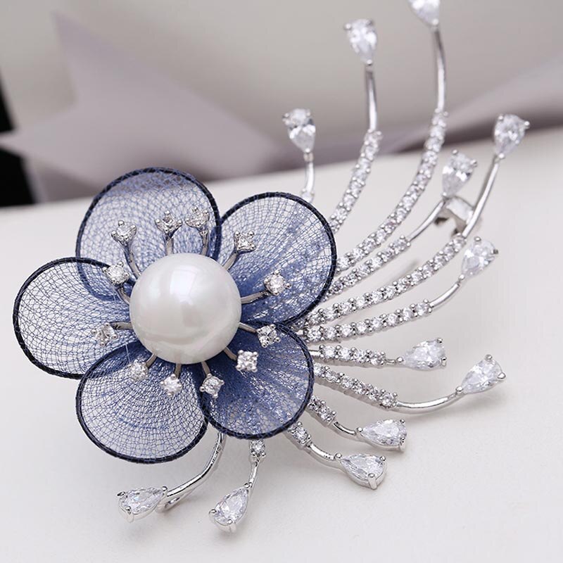 RED TREES Dress Brooch for Women - Plant Shape with Zircon & Pearl - Sterling Silver Alloy