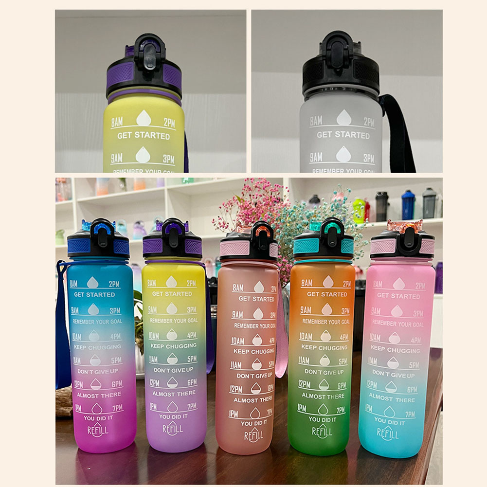 1L Große Kapazität Wasser Flasche Stroh Tasse Kunststoff Wasser Tasse Zeit Skala Matt Outdoor Sport Student Paar Tasse Wasser Flaschen