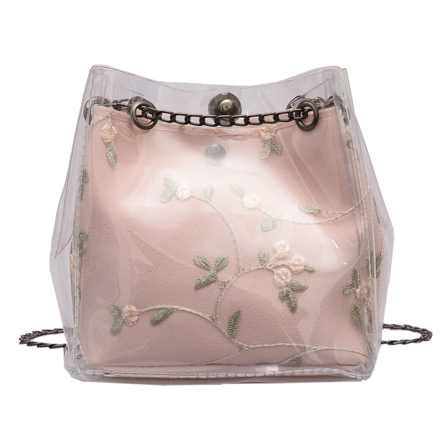 Newest Women Clear Transparent Composite Bag Embroidered Floral Messenger Handbag Crossbody Shoulder Tote Purse: Pink