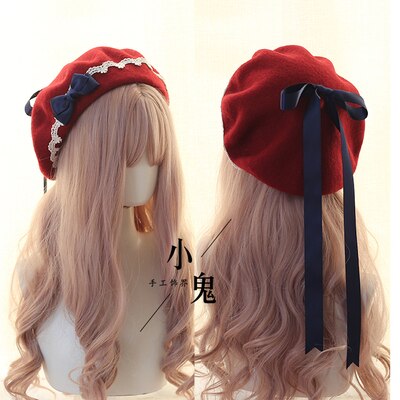 Søt jente lolita kjole tilbehør rosa kawaii bowknot beret søt blonder lett matchende høst vinter loli lue