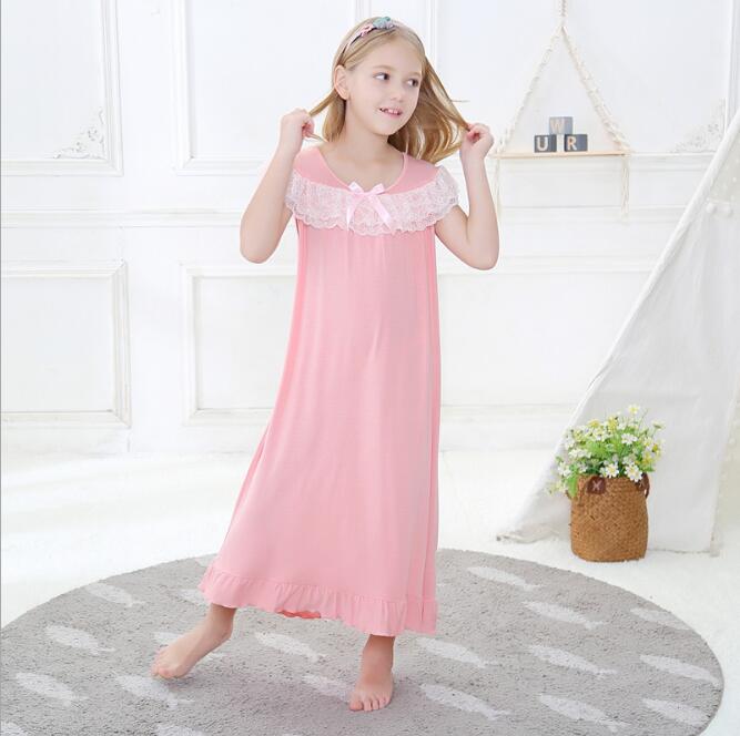 Camisón de encaje de algodón para niña, vestido de Pijama largo Maxi, ropa de dormir de Color puro, de 3 a 12 años, novedad de verano: Rosa / 3 años