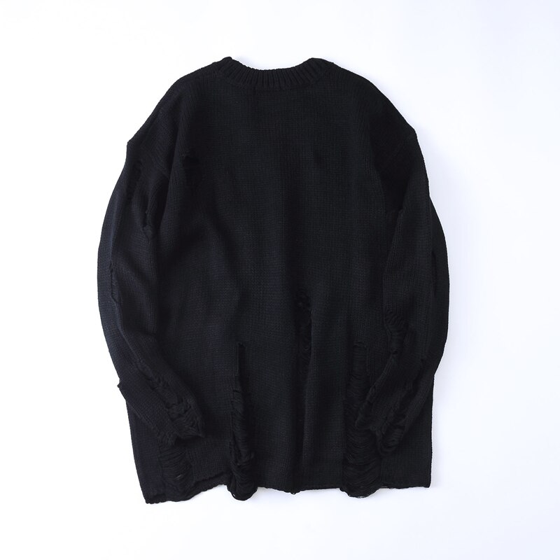 Ropa coreana para hombre, suéter con orificios rasgados, Vintage, ropa informal suelta, suéter negro de lana cálida