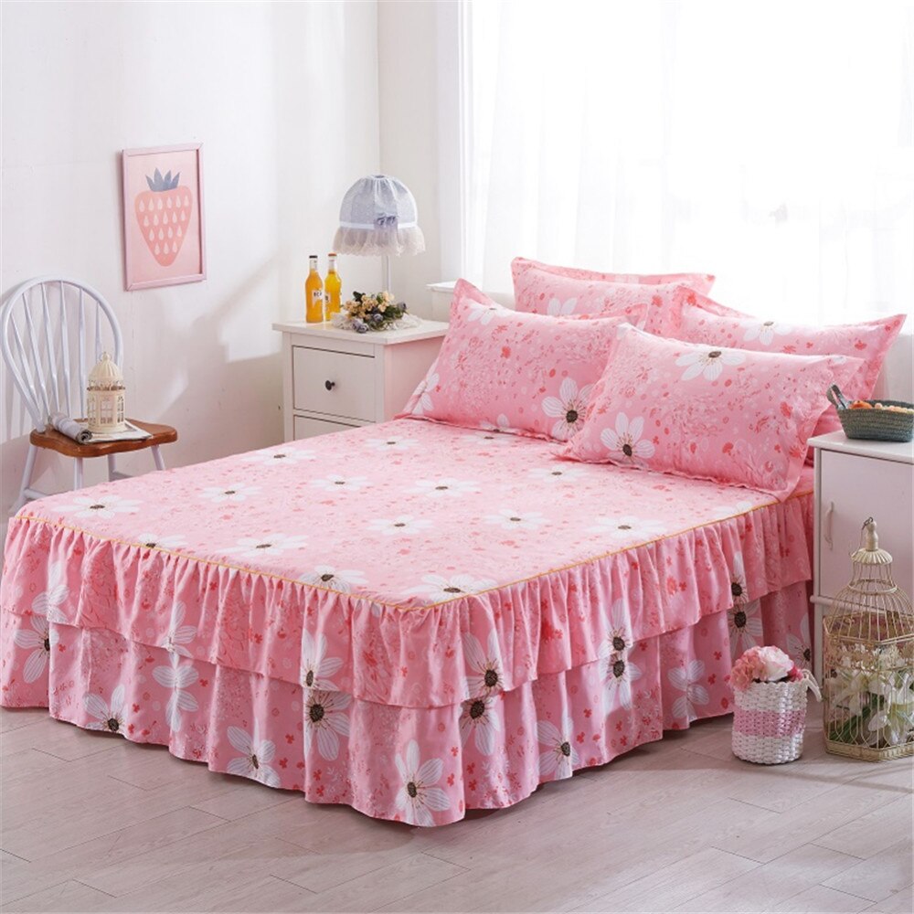Romantisk to-lags seng nederdel chiffon sengetæppe satin bomuld lagen til bryllup dekoration sengetæppe med elastik