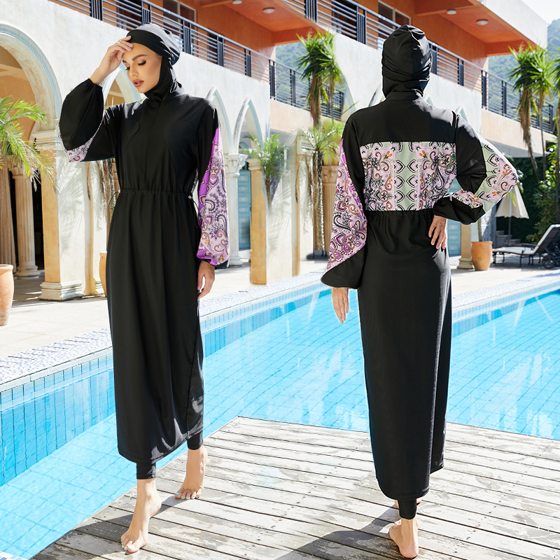 Burkini-bañador musulmán para mujer, traje de baño de manga larga, traje de baño islámico, batas modestas, traje de baño liso con ropa Hijab 2023: L / Morado