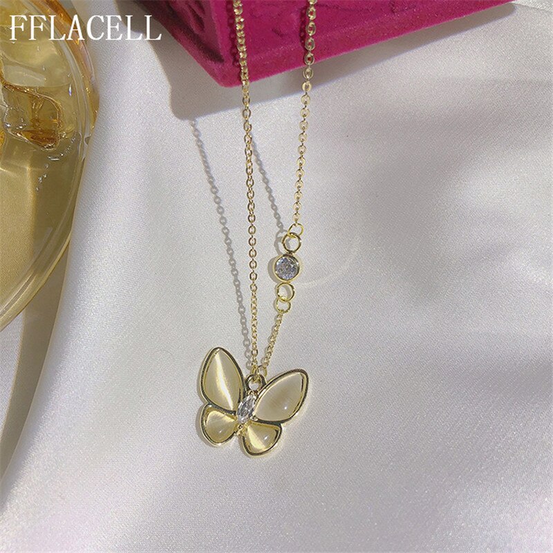 Fflacell Chic Mode-sieraden Opal Shell Rhinestone Parelmoervlinder Vlinder Ringen Opening Verstelbare Oorbellen Choker Ketting: Necklace