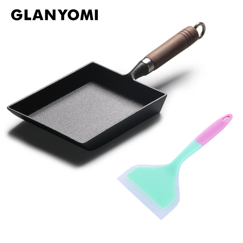 2 Stks/set Gietijzeren Ei Koekenpan + Siliconen Turner/Non-stick Omelet Pan Rechthoek Mini Tamagoyaki Pan/Kookgerei