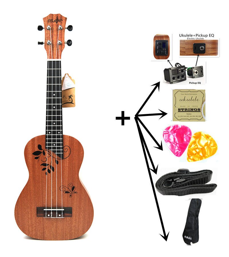 21 inch Ukulele Rosewood Fretboard 4 strings Hawaiian small Guitar Ukulele Electric Ukulele with Pickup EQ Butterfly love flower