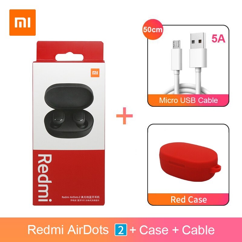 Xiaomi Redmi Airdots 2 Airdots S TWS Bluetooth 5.0 Earphone Stereo bass With Mic Handsfree Earbuds AI Control: Cable and Red Case