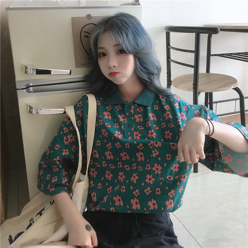 Polos japonais oversize pour femmes, bleu et jaune, manches courtes, ample, imprimé cœur, été,  l0735