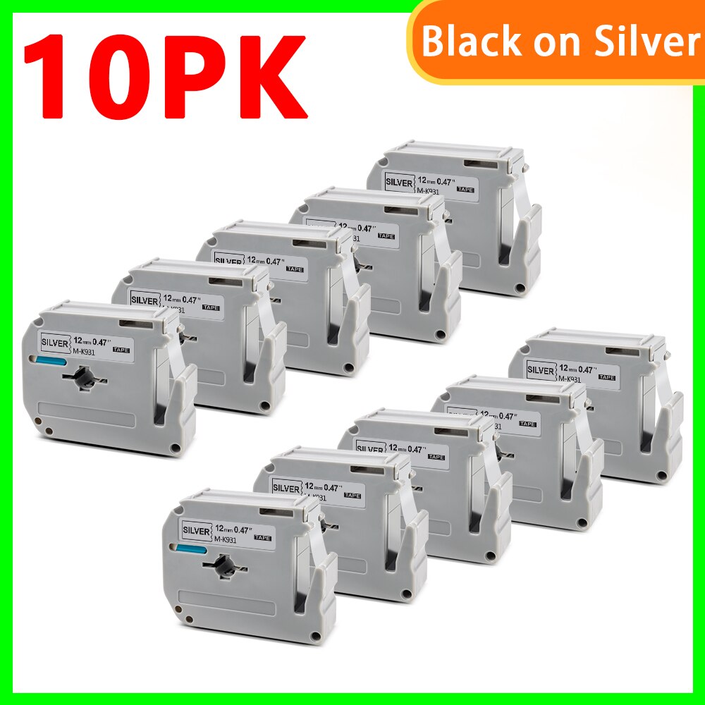 10pk sorte på hvide m -k231 labels til brother  mk 231 mk-231 label tape m tape 12mm label tape til brother p touch label maker: 10pk- sorte på sølv / 12mm