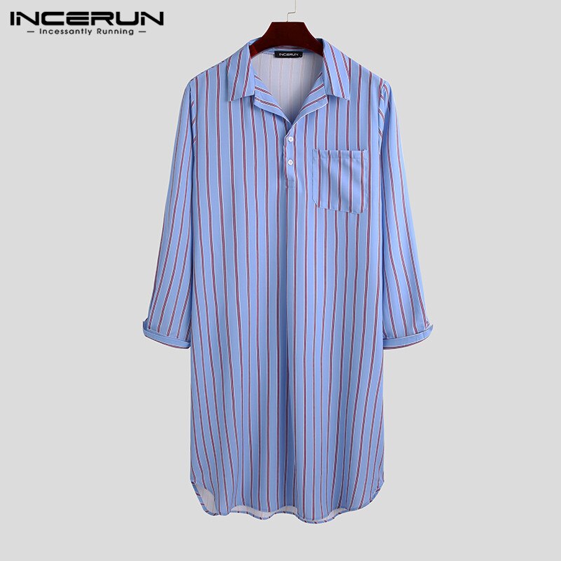 INCERUN Men Striped Nigthwear Robes Long Sleeve Lapel Sleep Robes Loose Pockets Homewear Breathable Bathrobes Plus Size7