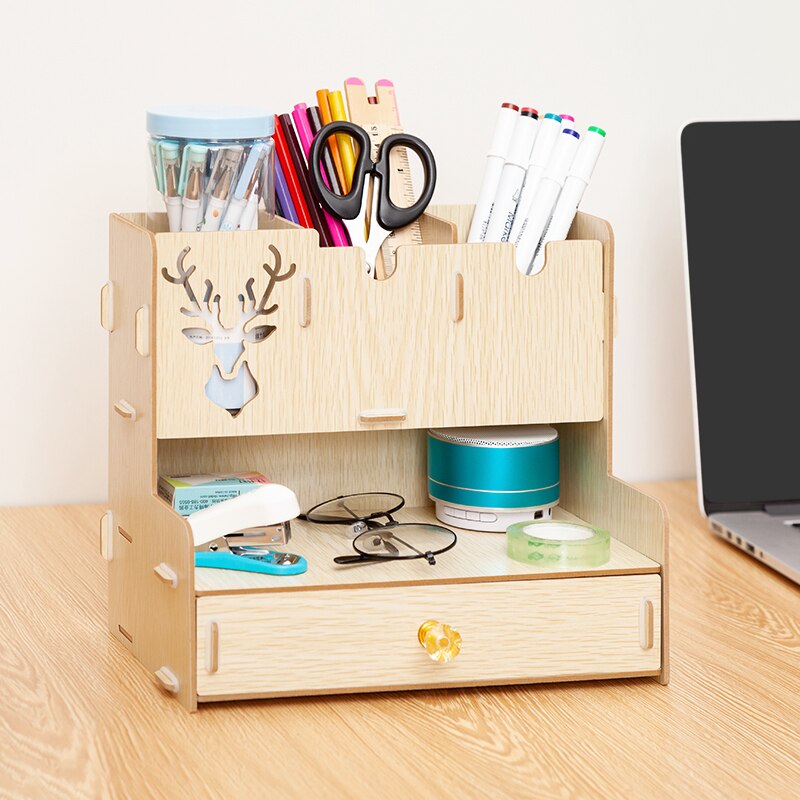 Pen holder Nordic ins storage box creativity office,desk stationery box wooden large capacity rack wooden book box: A beige