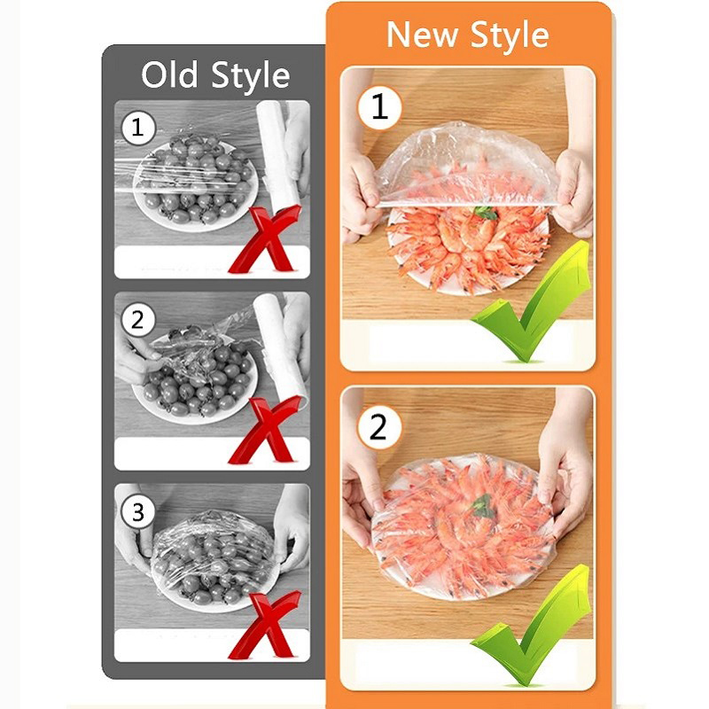 50 stuks wegwerp voedselafdekkingen van plastic folie, voedselveilige plastic zakjes voor fruit en groenten, elastische plastic zakjes, keukenorganizer