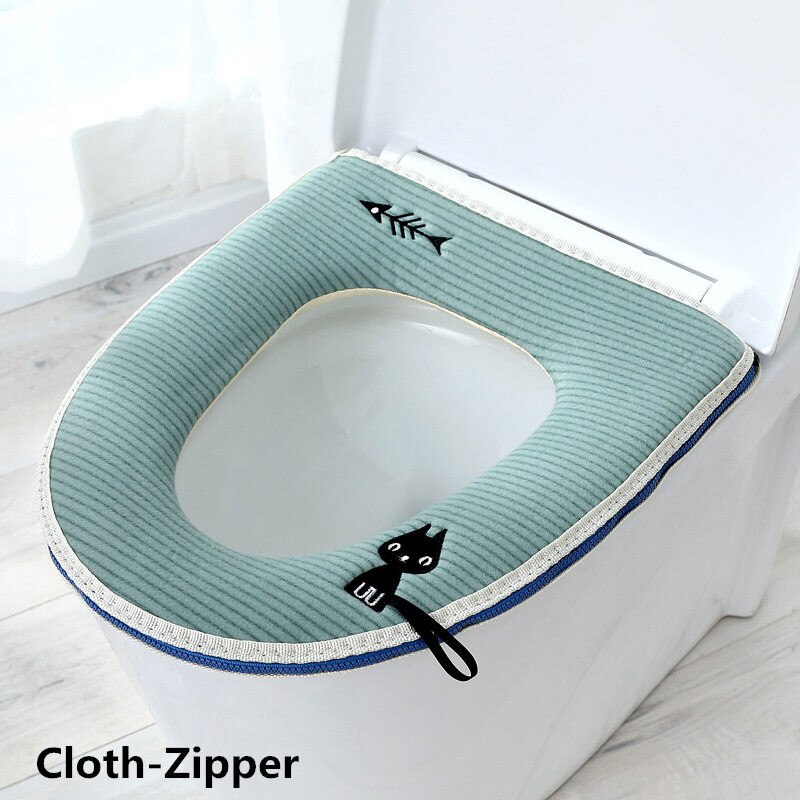 Home Four Seasons Toilet Cover Sitting Washer Washable Zipper Toilet Cover Universal Waterproof And Cute Toilet pad Plush/linen: zipper green cat