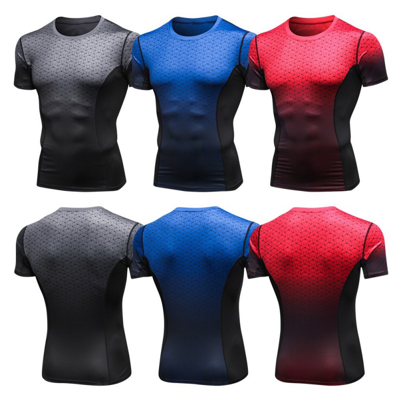 Mannen PRO Fitness Korte Mouw Print Gradiënt Sport Running High Velocity Droog Drogen T-Shirt Strakke Mouw