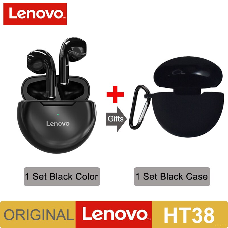 Lenovo HT38 TWS Earphone Wireless Fone Bluetooth Headphones AI Control Mini Headset Dual Mic Noise Reduction HiFi Stereo Earbuds: Black ad Black Case