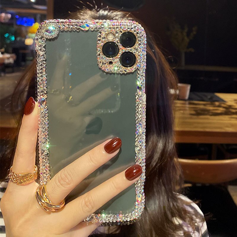 Diamante strass telefone capinhas para iphone 11 pro max 12 mini transparente sílica gel capas de proteção