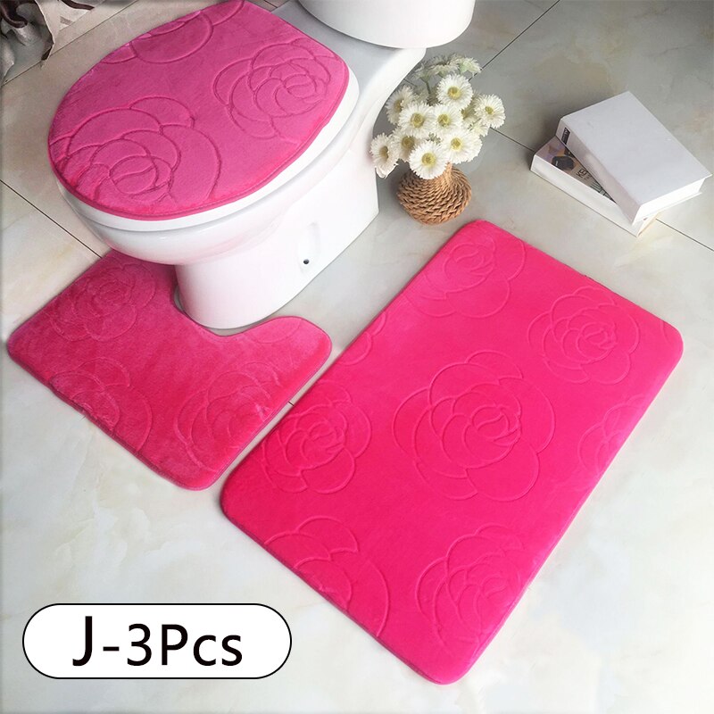 3PC Toilet Cover Seat Bathroom Accessories Set Rug Contour Mat Soft Toilet Lid Cover Plan Solid Color Bath Mats Home Decor: J