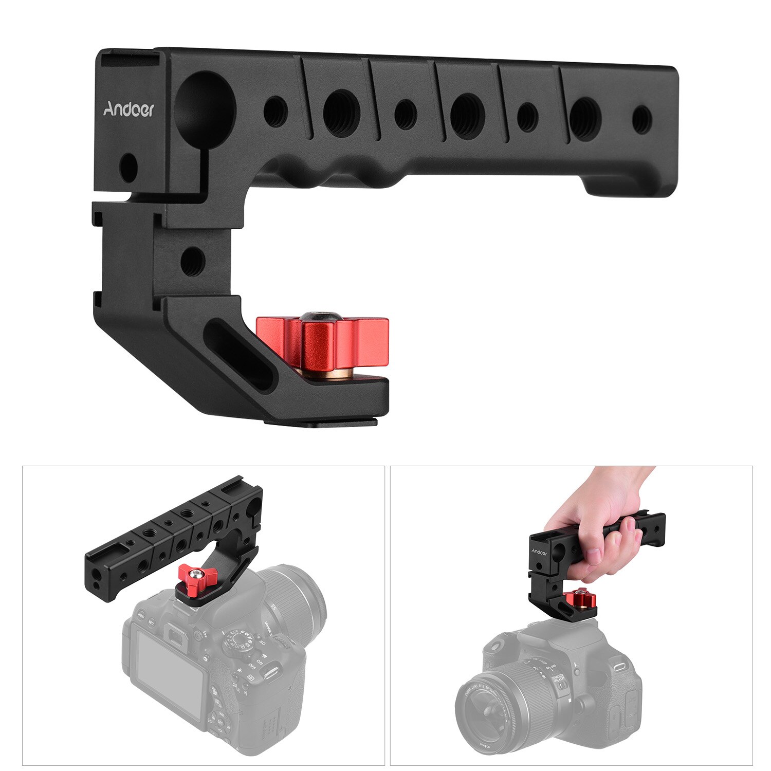 Andoer Aluminium Camera Handgreep Met Koud Shoe Mount 1/4 3/8 Schroefdraad Gaten 15Mm Rod Clamp Voor Microfoon led Licht