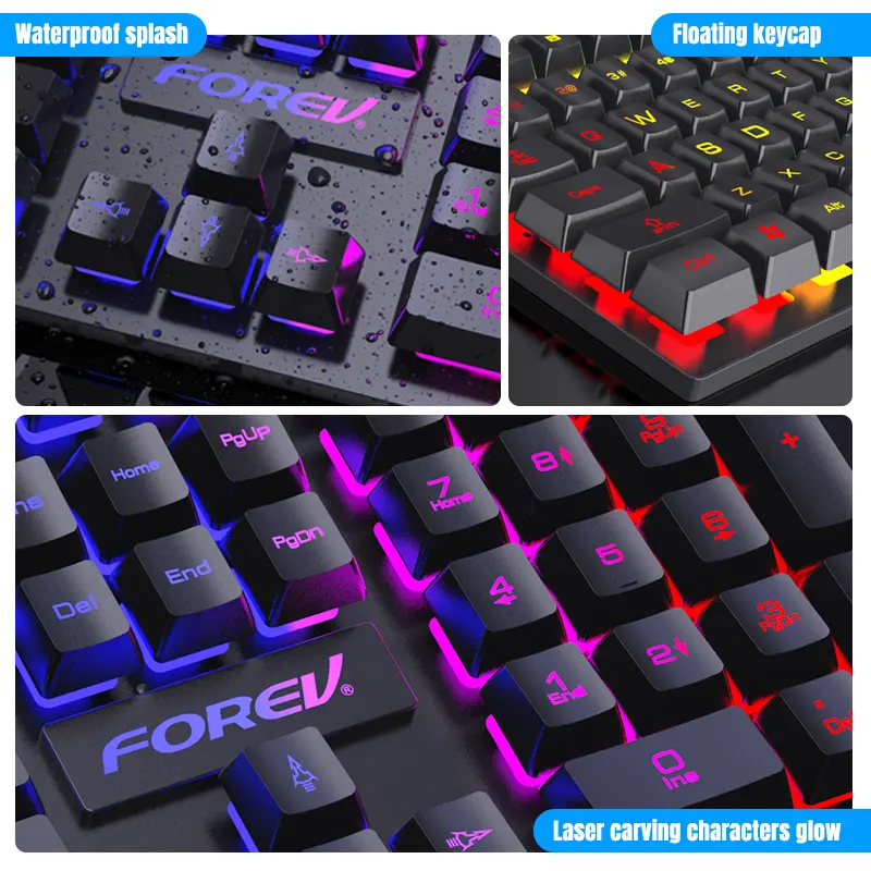 Zestaw komputerowy: klawiatura RGB USB przewodowa, mysz, słuchawki, podkładka pod mysz, klawiatura 104 klawiszy, mysz z 4 przyciskami, odczucie mechanicznego klikania myszy, wodoodporny, pyłoszczelny.