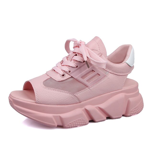 Dames sandalen plateau wedges damesschoenen dikke hak veter sandalen vismond sandalen zomer stijl slippers: Roze -b02 / 38