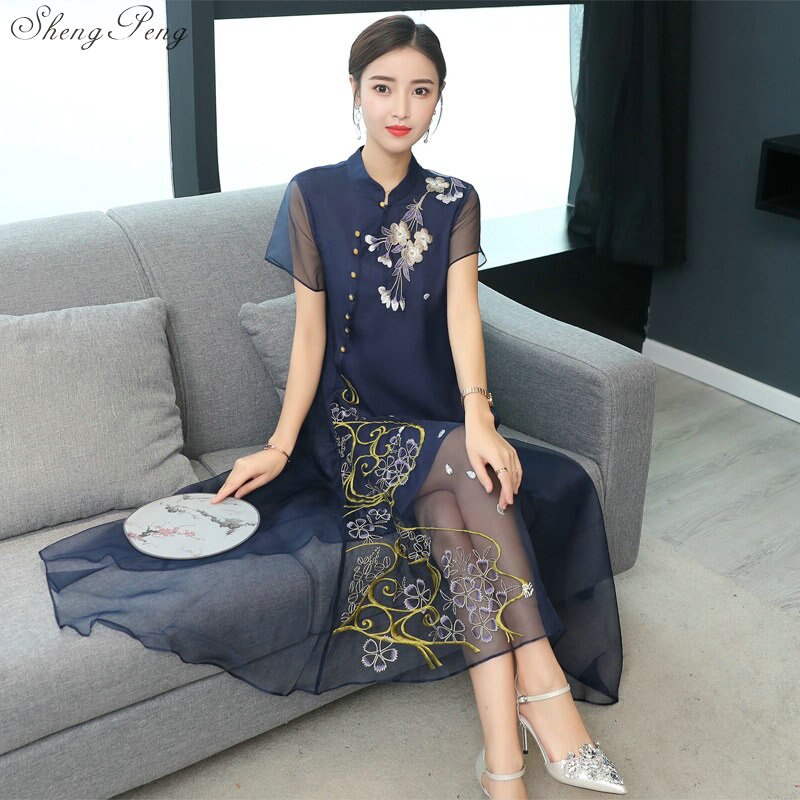 Vestido Qipao largo estilo Cheongsams, vestido tradicional chino de talla grande, flores de verano, Vintage, túnicas orientales V922