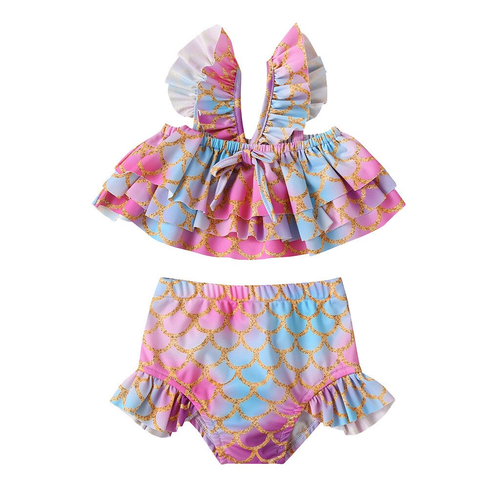 Zomer Kids Baby Meisje Mouwloze Cartoon Ruche Badmode Badpak Bikini Outfits Vis Schaal Print Peuter Badmode Badmode