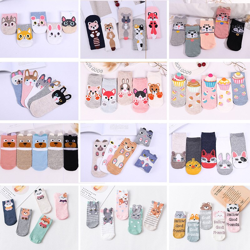 Ensemble de chaussettes pour femmes, fines, bleues, à carreaux, motif d'ours chat, Tube bas en coton, mignonnes chaussettes de sport pour filles, respirantes, d'équipage, Kawaii, printemps été: Random 5 pairs