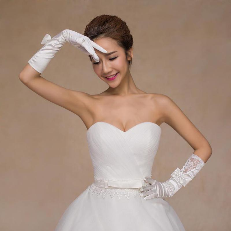 Accesorios De boda guantes largos De novia De encaje blanco De satén dedos completos guantes De boda con lazo Luva De novia