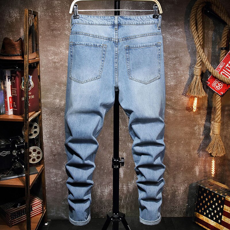 Hole style cotton denim jeans hole ruined hip hop casual ripped classic washed distressed old damaged jeans men's ripped