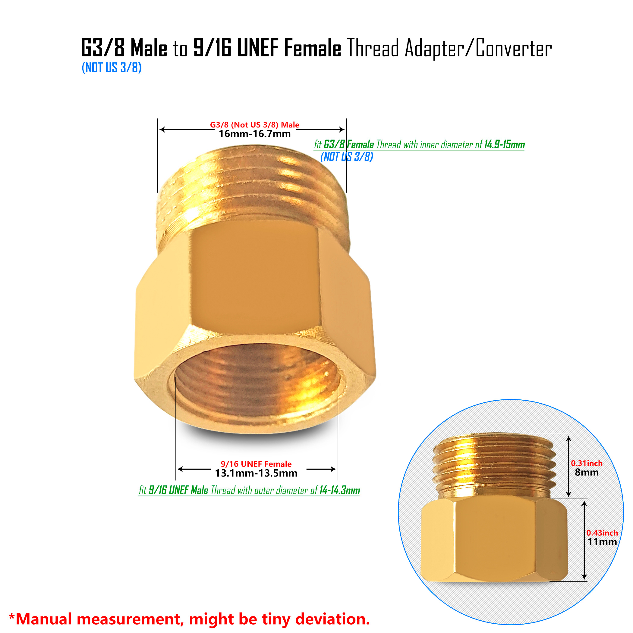 G1/2 to G3/8, 9/16-24 UNEF, 1/2 NPT Reducer Pipe Fittings Brass or Stainless Steel Threaded Water Hose Adapter Male Female: 75*50mm / Gold