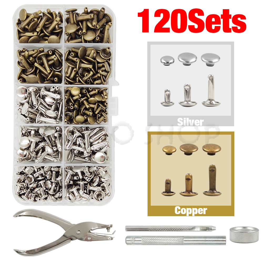 Metal Double Cap Rivets Stud Round Nail Spike With Tool Kits For Leathercraft Repair Shoes Bag Belt Clothing Garment Accessories: Nickel-Free White