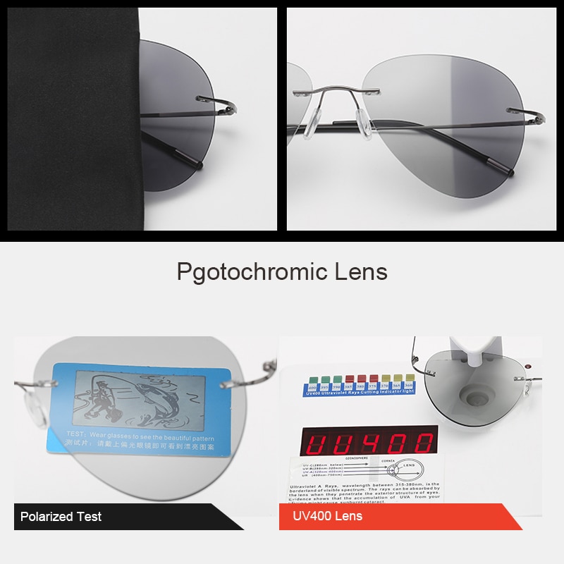 Titanium Rimless Photochromic Sunglasses Men Polarized Driving Ultralight Pilot Sun Glasses for Outdoor Fishing UV400