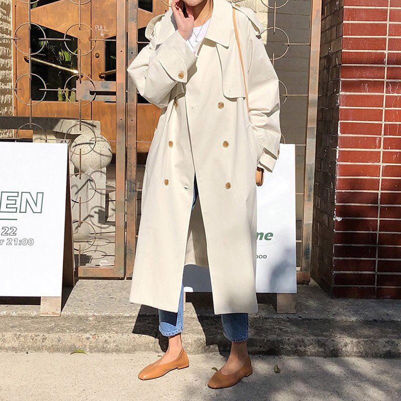 Trench-coat croisé pour femme avec ceinture, coupe-vent ample et long, vêtement d'extérieur chic pour femme, style coréen, collection printemps fy: Beige / L