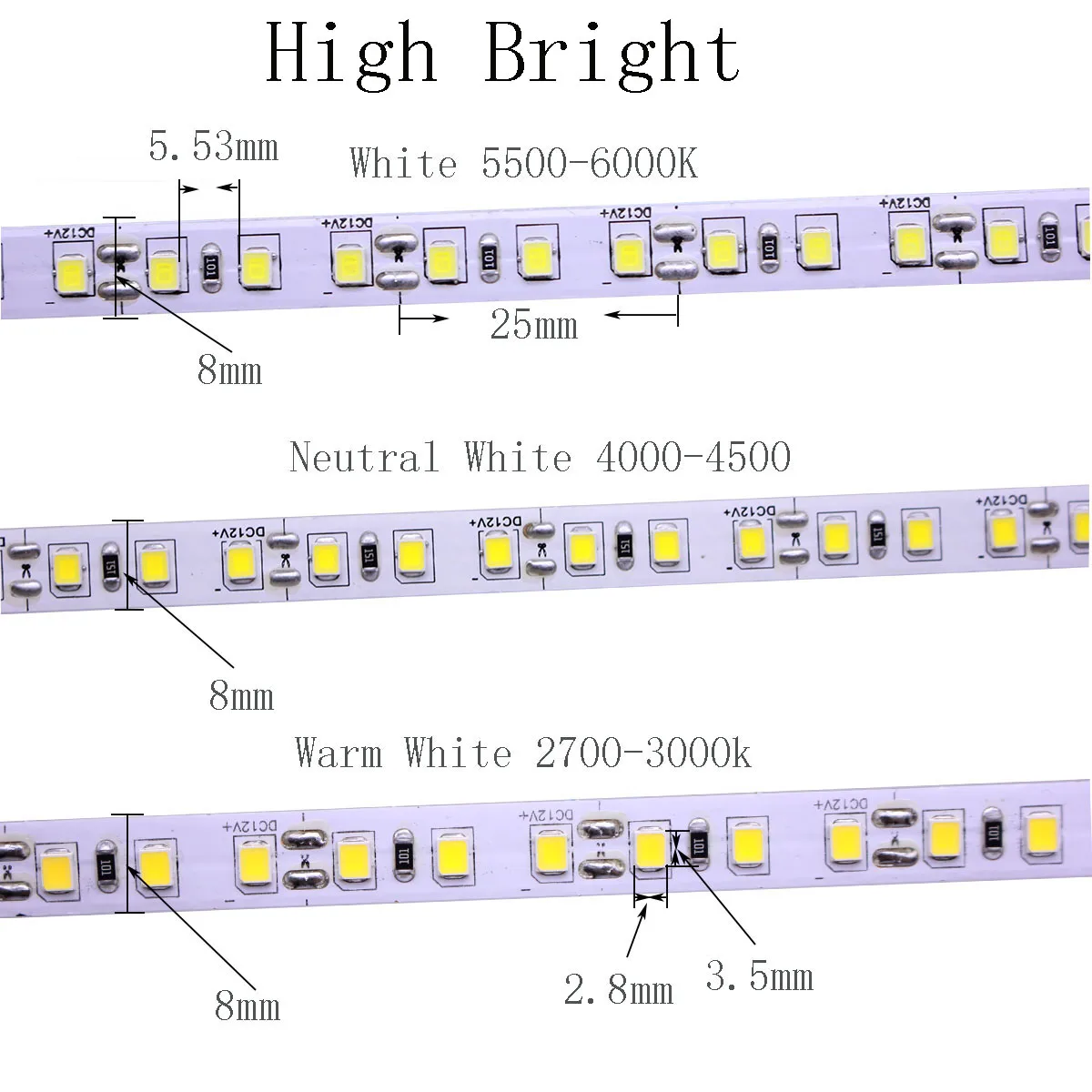 5V 12v 24v 2835 tira de LED 4mm 5mm 8mm PCB 120LEDs 120LEDs/M DC5 12V luz LED Flexible blanco cálido/blanco NW 5 m/lote