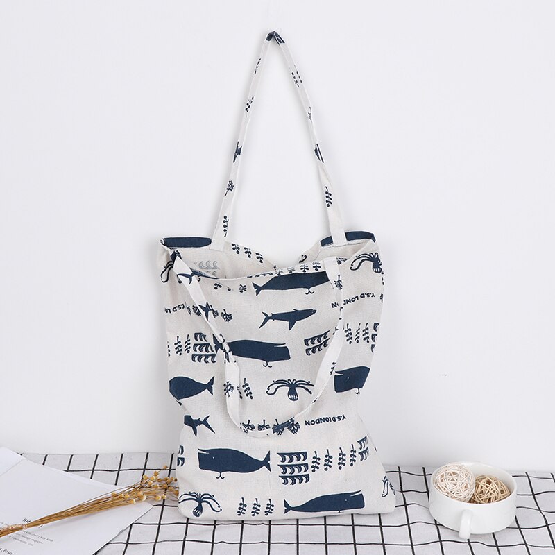 Durable 1 couche pas de doublure coton lin Shopping fourre-tout 1PC sac à bandoulière de transport imprimer baleine poulpe mer vie sacs à provisions: WHITE