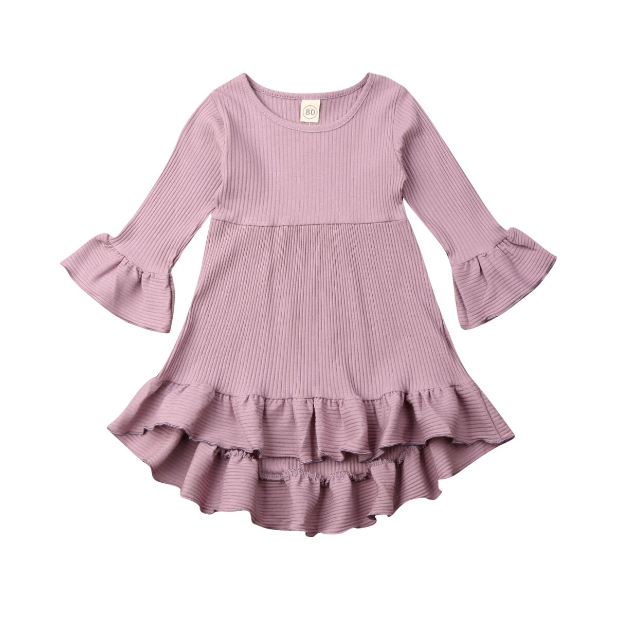 Prinsesse barn baby pige kjole efterårs strik solid lange ærmer flæse tutu kjole bryllup fest tøj: Lilla / 18m