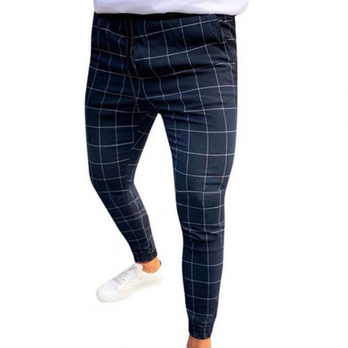 Men Plaid Print Drawstring Elastic Casual Slim Fits Pencil Pants Trousers: XXXL / Dark Blue