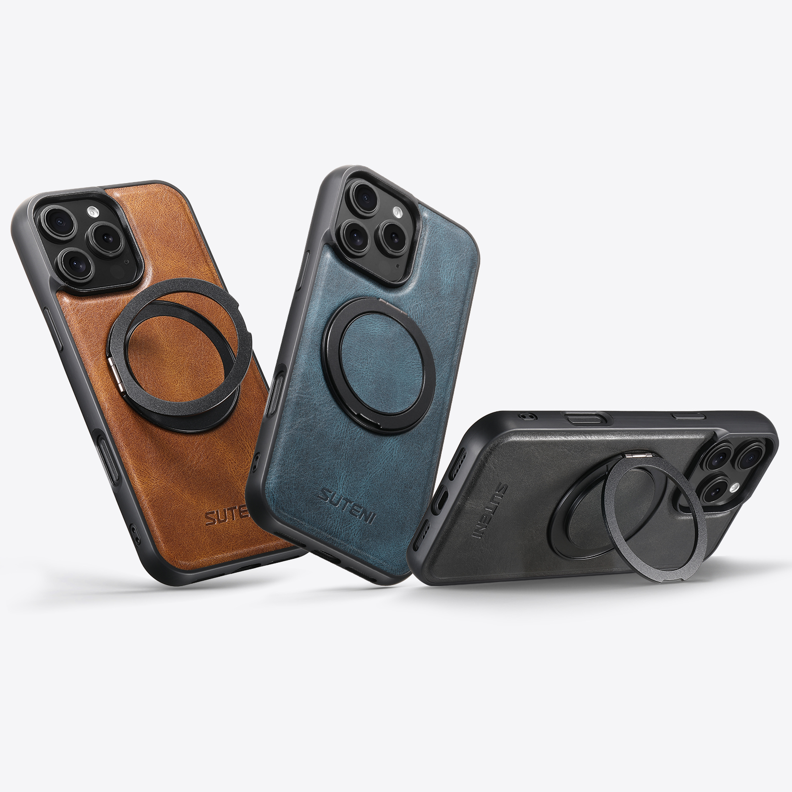 SUTENI-Coque de téléphone en cuir PU avec support rotatif à 360 °, avertisseur d'huile, chargement sans fil, compatible avec iPhone 16 Pro Max, 15 Plus, 14 Pro, 13, 12
